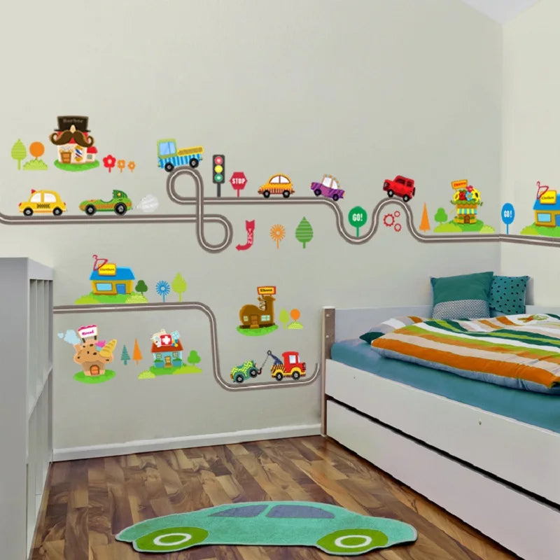 Cartoon Highway Track Cars Wall Stickers For Bedroom Decor