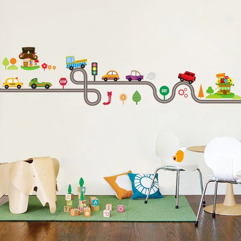 Cartoon Highway Track Cars Wall Stickers For Bedroom Decor