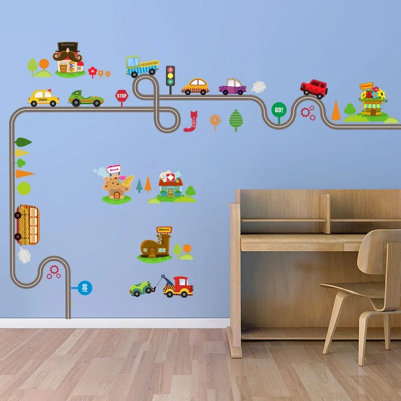 Cartoon Highway Track Cars Wall Stickers For Bedroom Decor