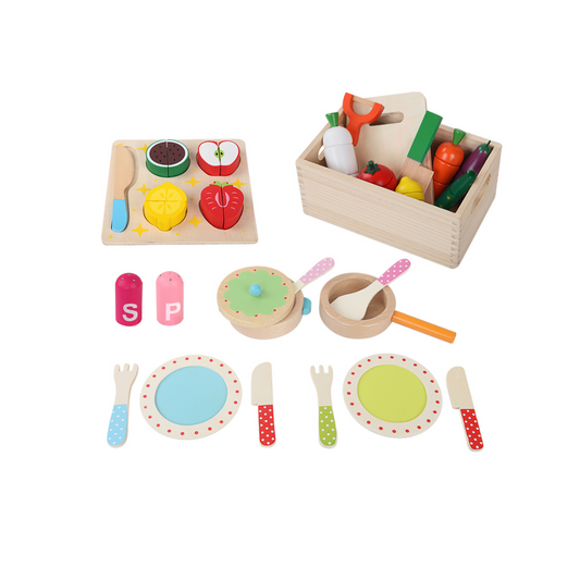 Keezi Kids Kitchen Play Set Wooden Pretend Toys Cooking Utensils Pots Pans Food