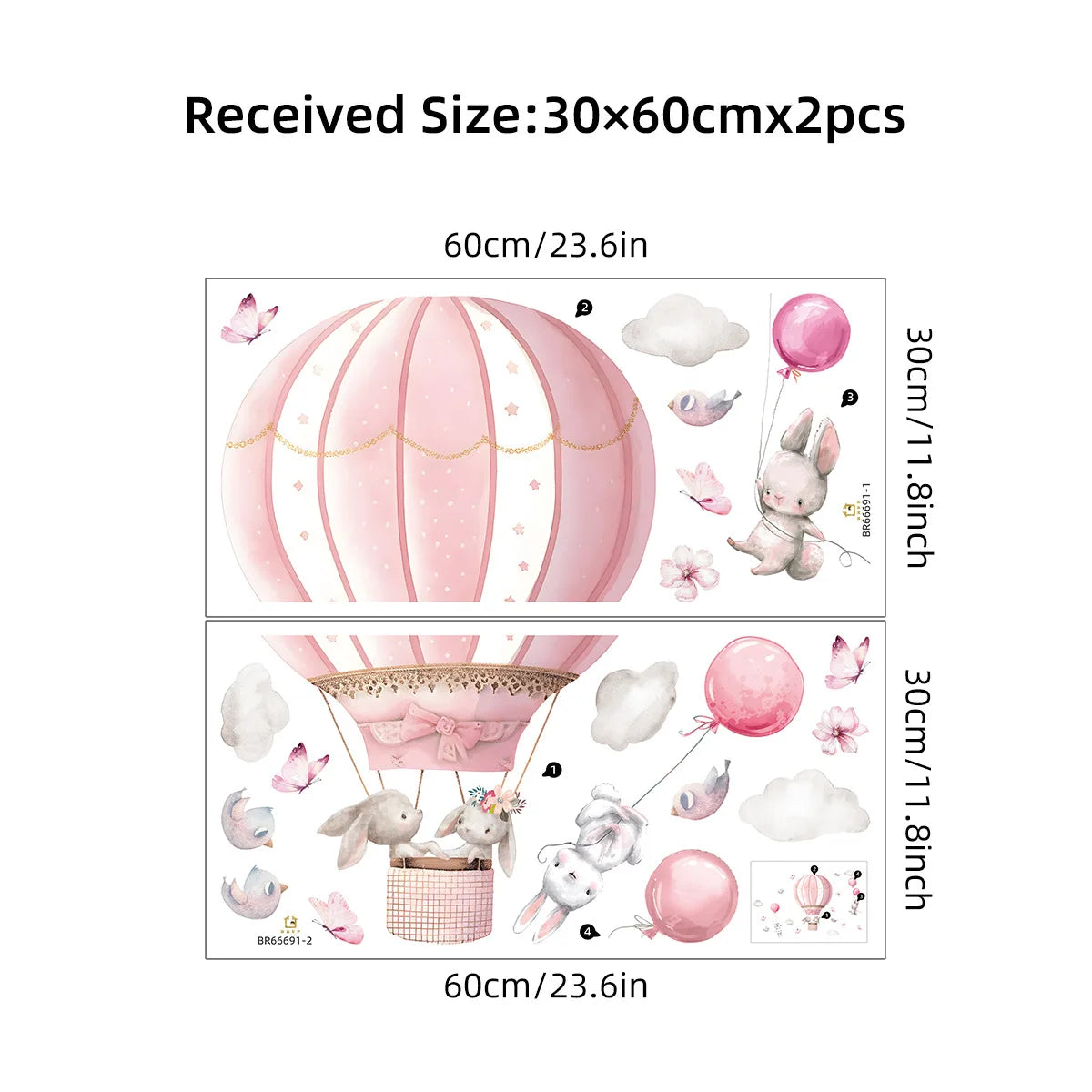 Cartoon Rabbits on Hot Air Balloon Wall Stickers