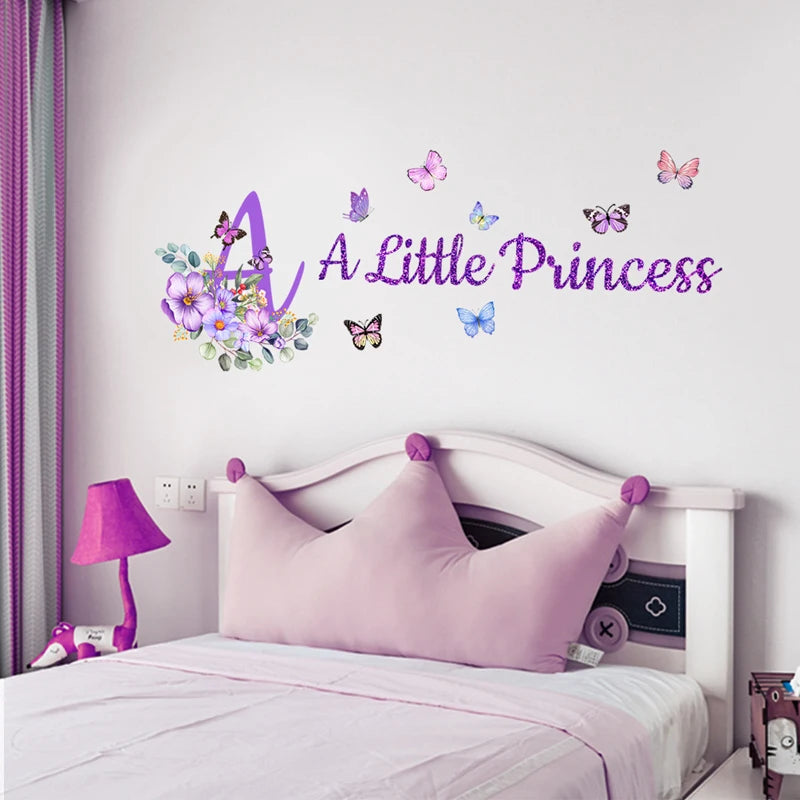 Purple Flowers English Butterfly Wall Sticker For Children's Room Decor