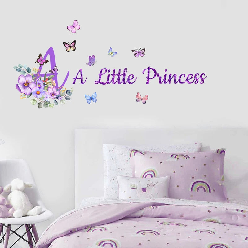 Purple Flowers English Butterfly Wall Sticker For Children's Room Decor