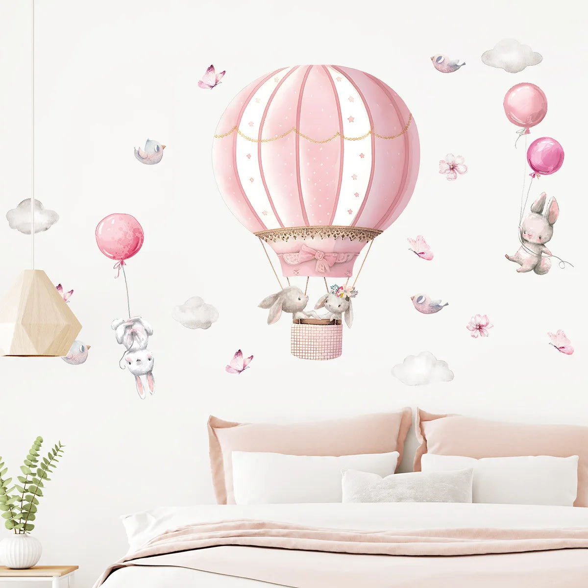 Cartoon Rabbits on Hot Air Balloon Wall Stickers