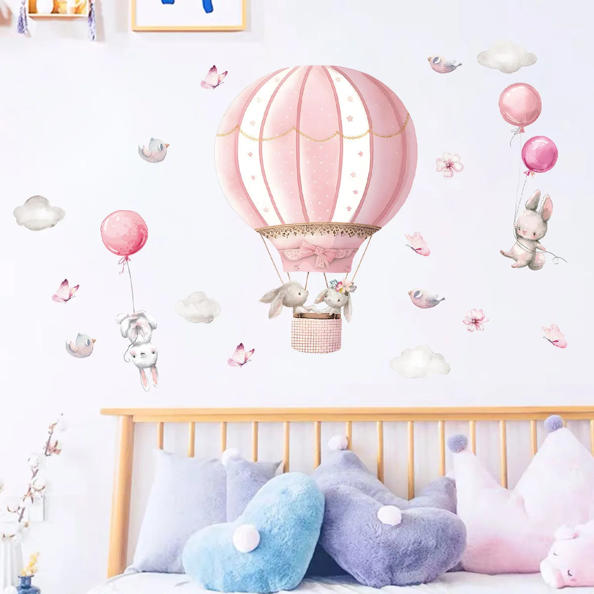 Cartoon Rabbits on Hot Air Balloon Wall Stickers