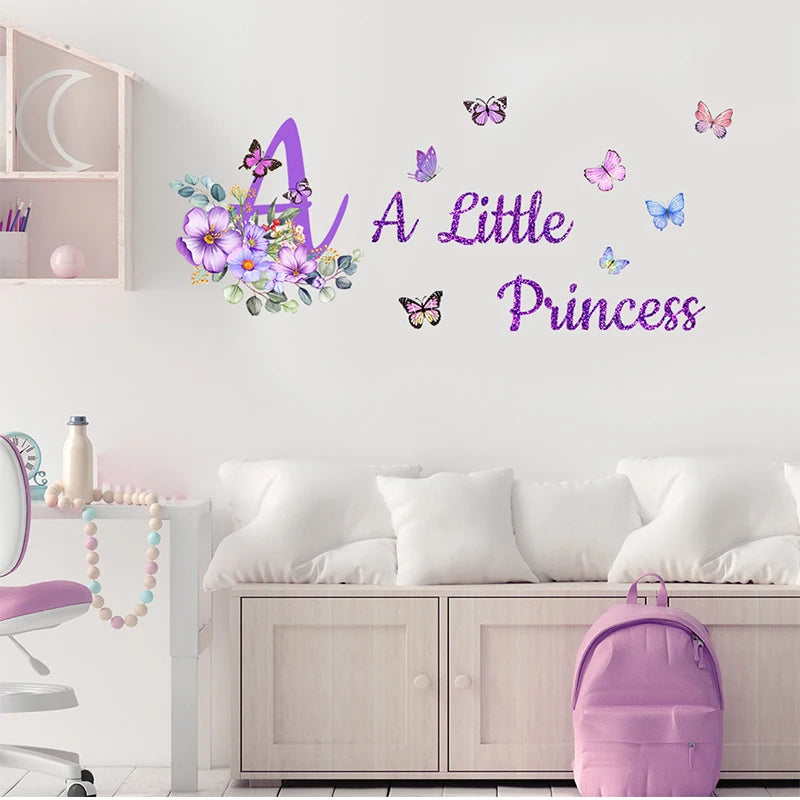 Purple Flowers English Butterfly Wall Sticker For Children's Room Decor