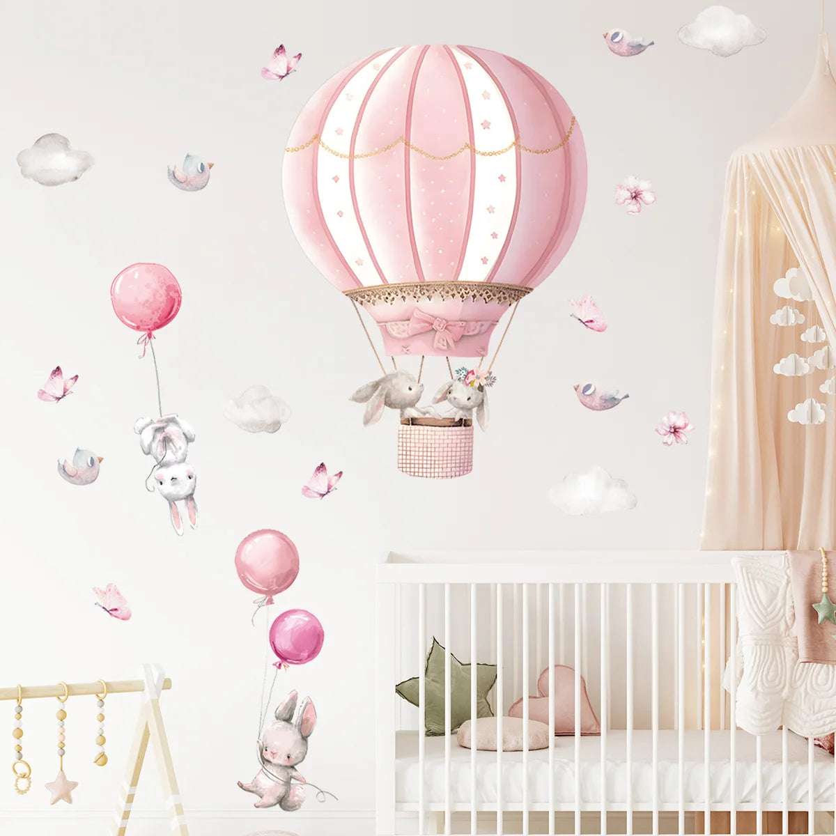 Cartoon Rabbits on Hot Air Balloon Wall Stickers