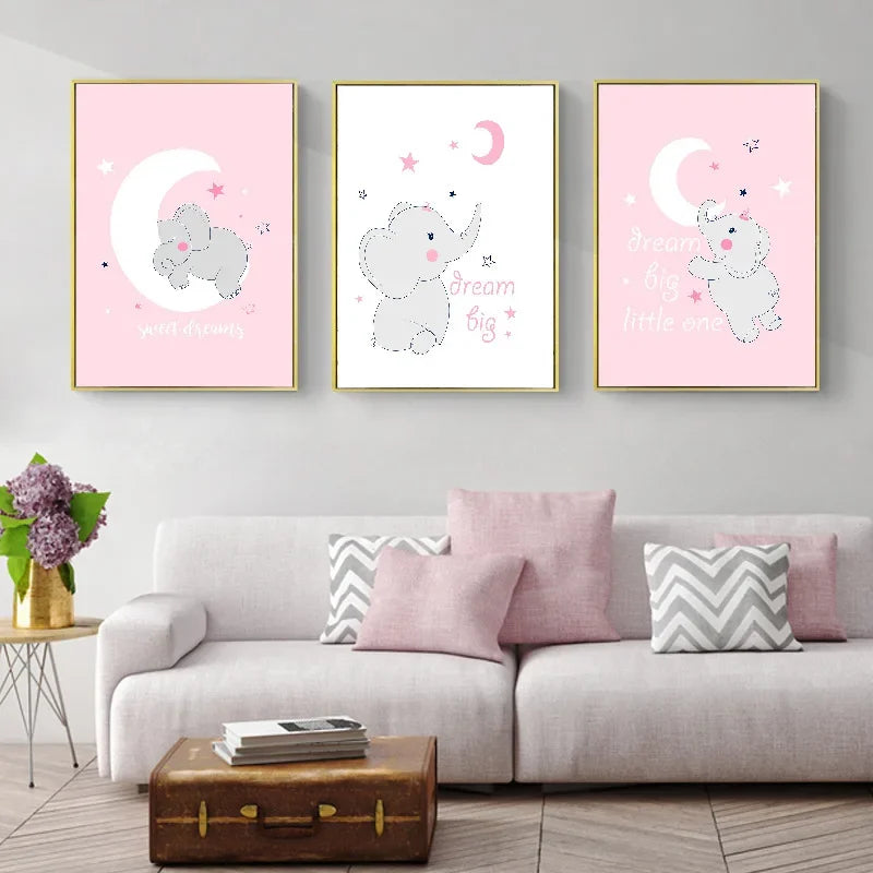 Cute Animal Pink Baby Elephant Poster Canvas Painting