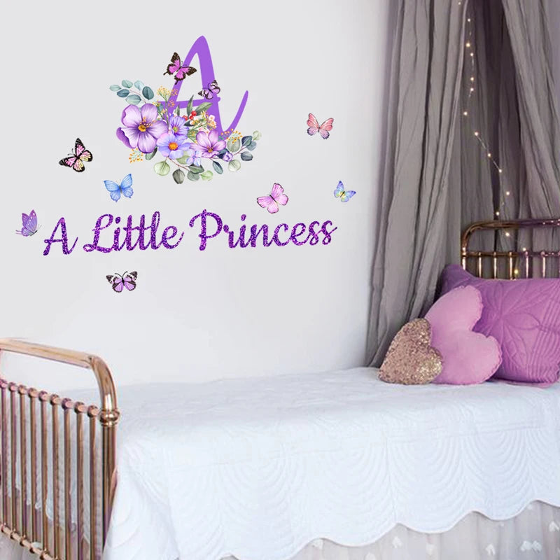 Purple Flowers English Butterfly Wall Sticker For Children's Room Decor