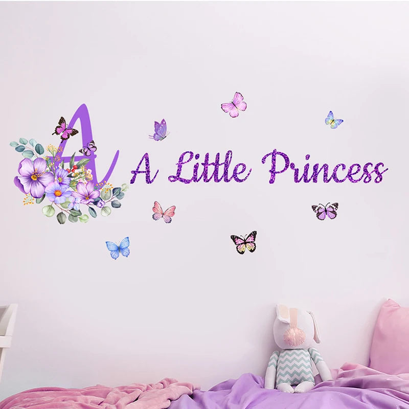 Purple Flowers English Butterfly Wall Sticker For Children's Room Decor