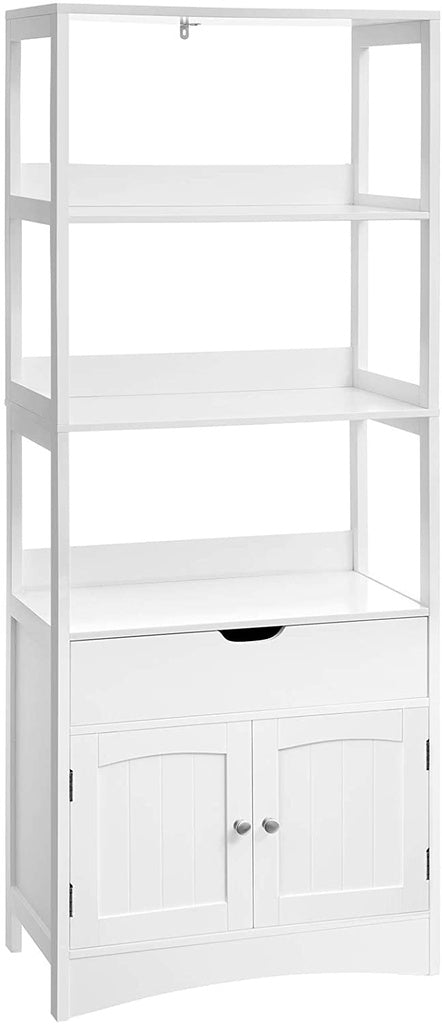 White Floor Cabinet with Drawer 3 Open Shelves and Double Doors