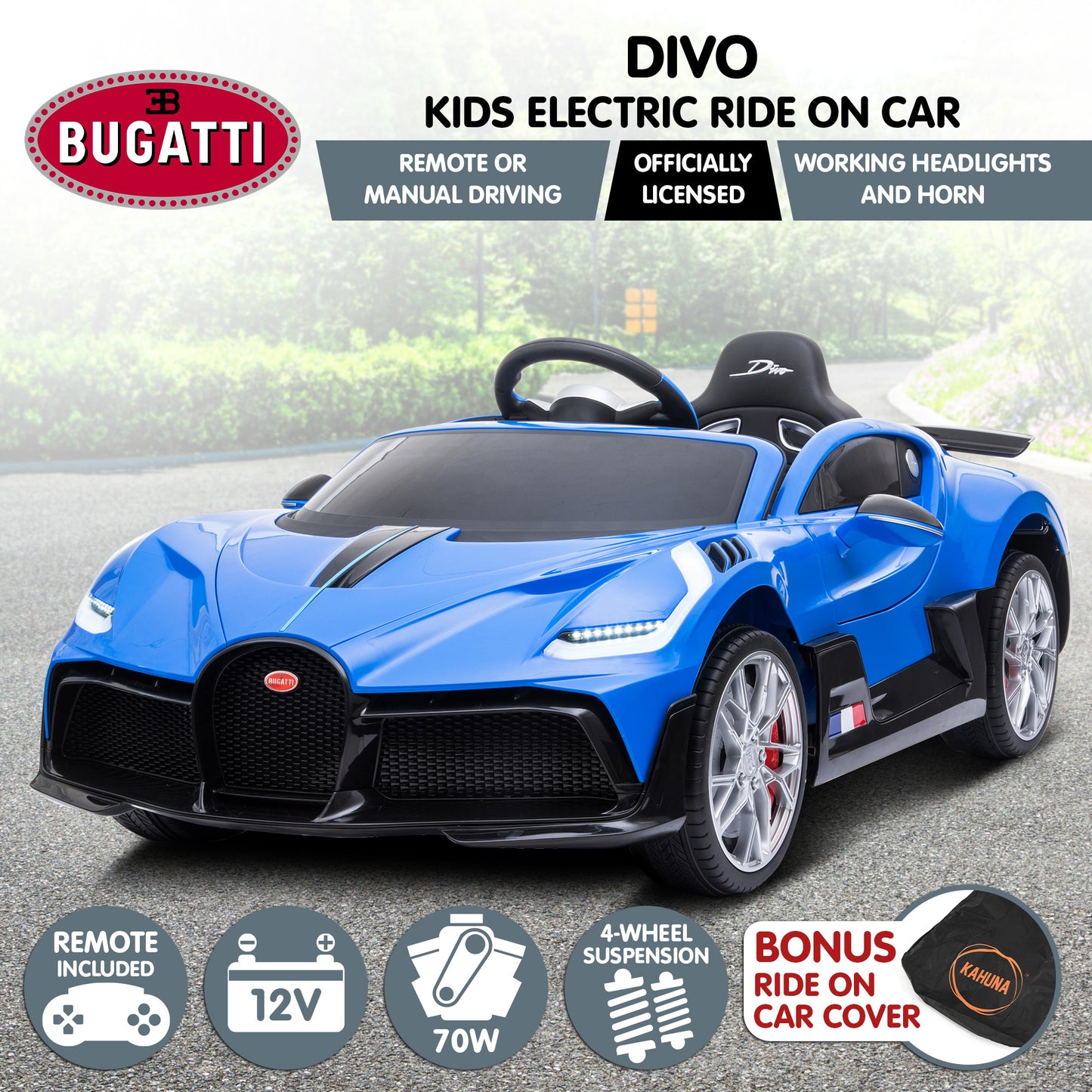 Licensed Bugatti Kids Electric Ride On Car - Blue