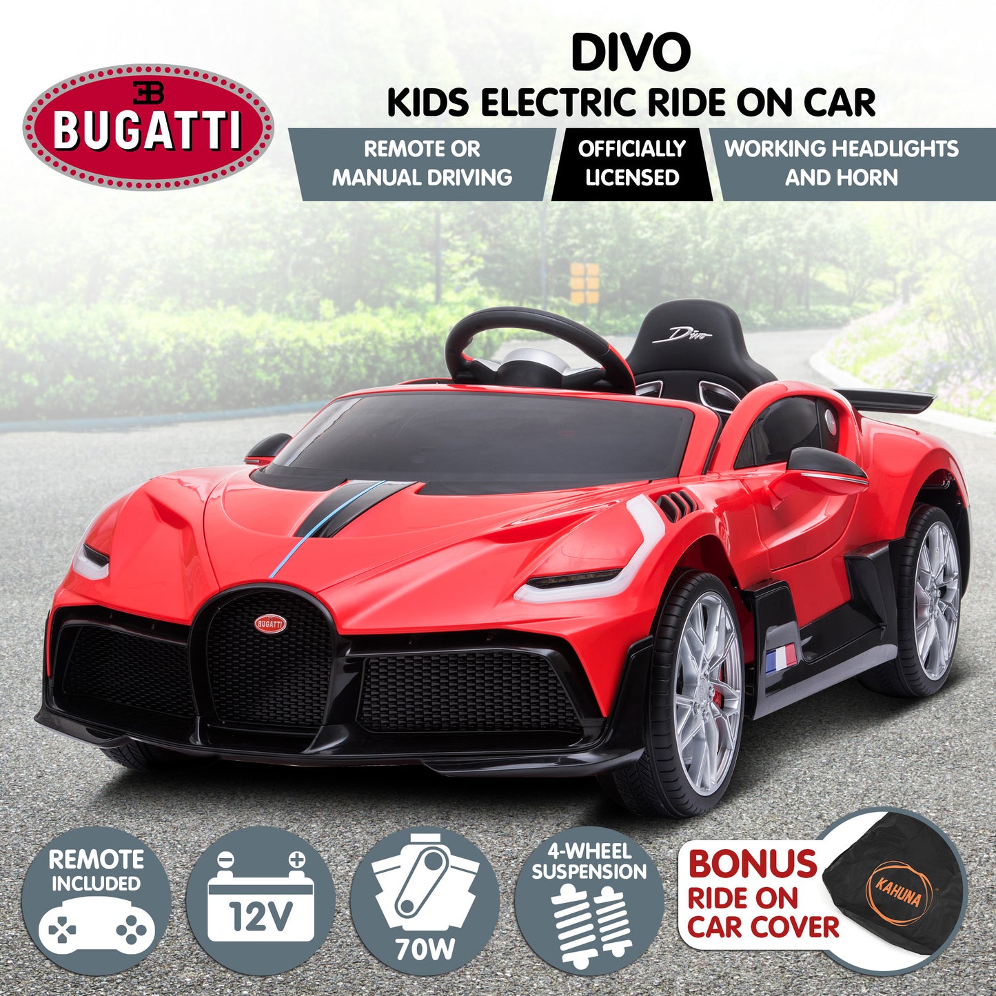 Licensed Bugatti Kids Electric Ride On Car - Red