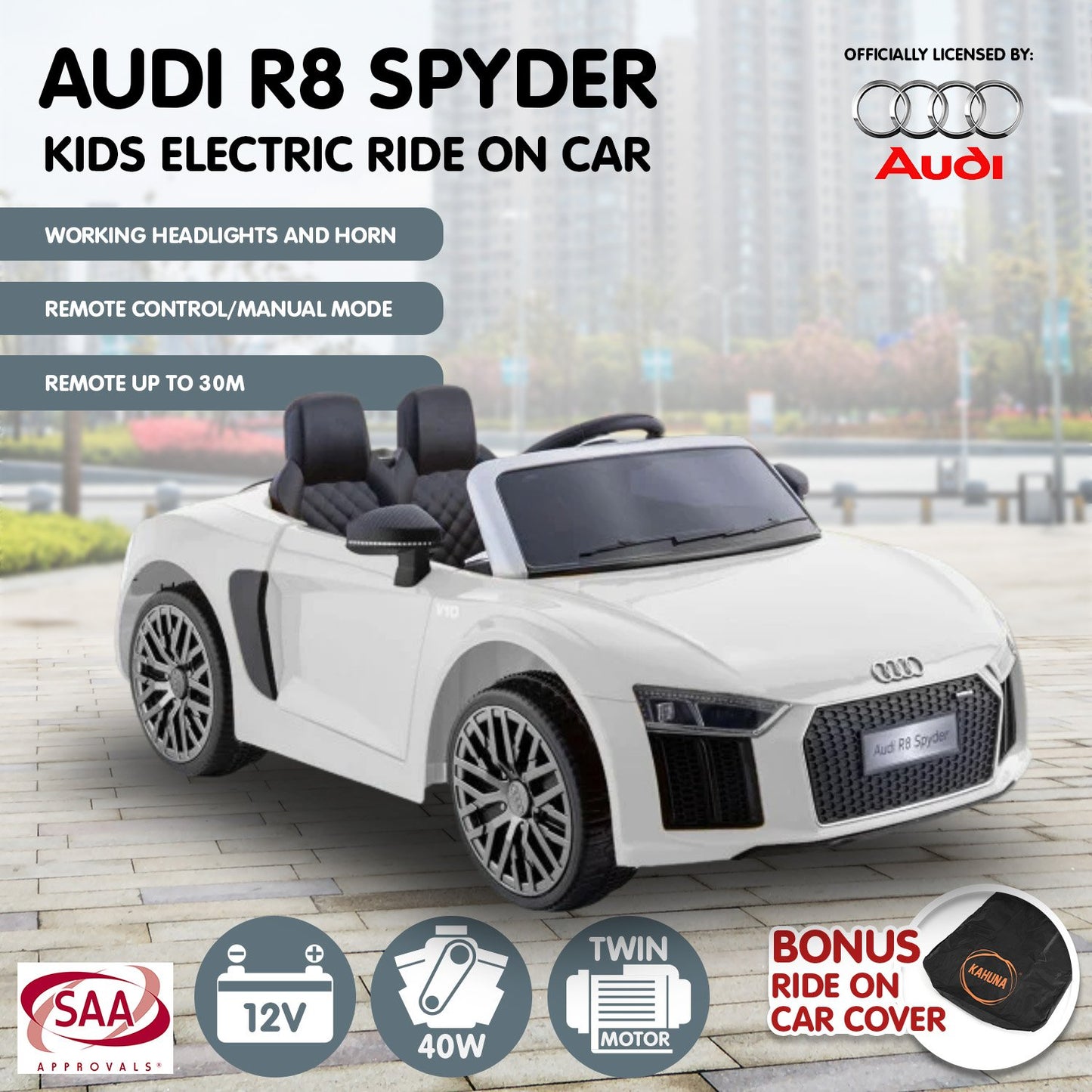 R8 Spyder Audi Licensed Kids Electric Ride On Car Remote Control - White