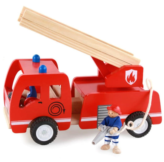 Fire Truck WOODEN 3 years + with Ladder and Firemen Fire Engine Red