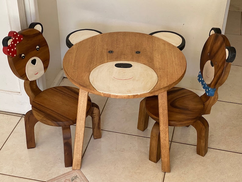 Children's Furniture Set Bear Table and 2 Chairs - Natural Wood Handmade