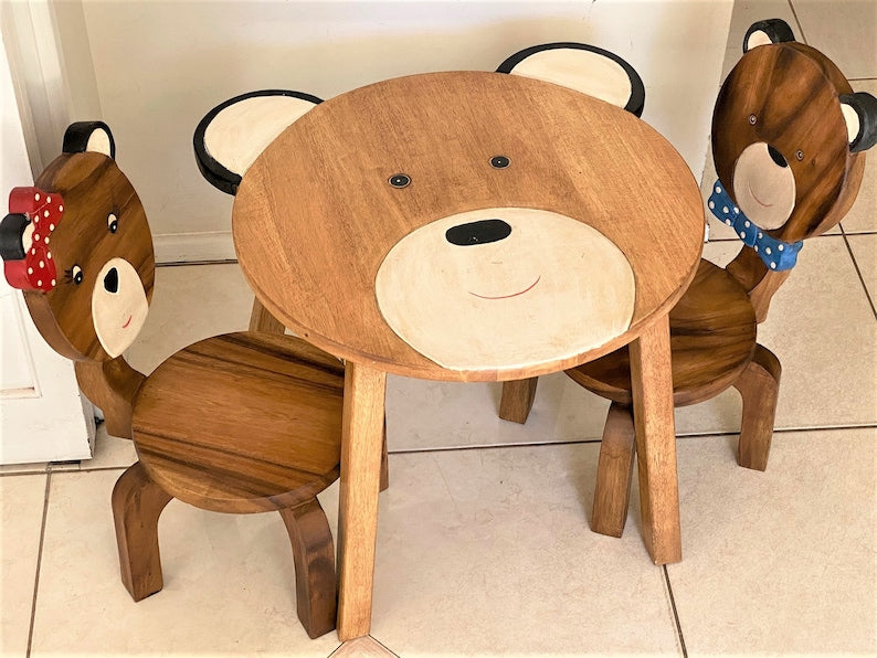 Children's Furniture Set Bear Table and 2 Chairs - Natural Wood Handmade