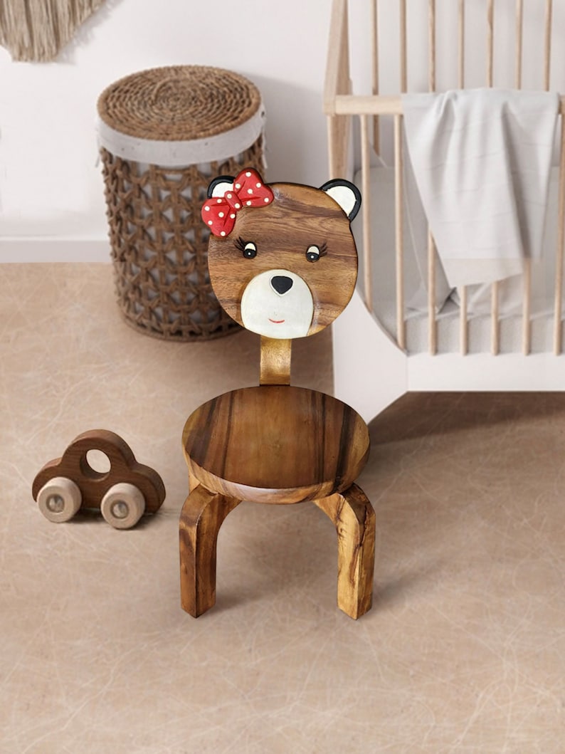 Children's Furniture Set Bear Table and 2 Chairs - Natural Wood Handmade