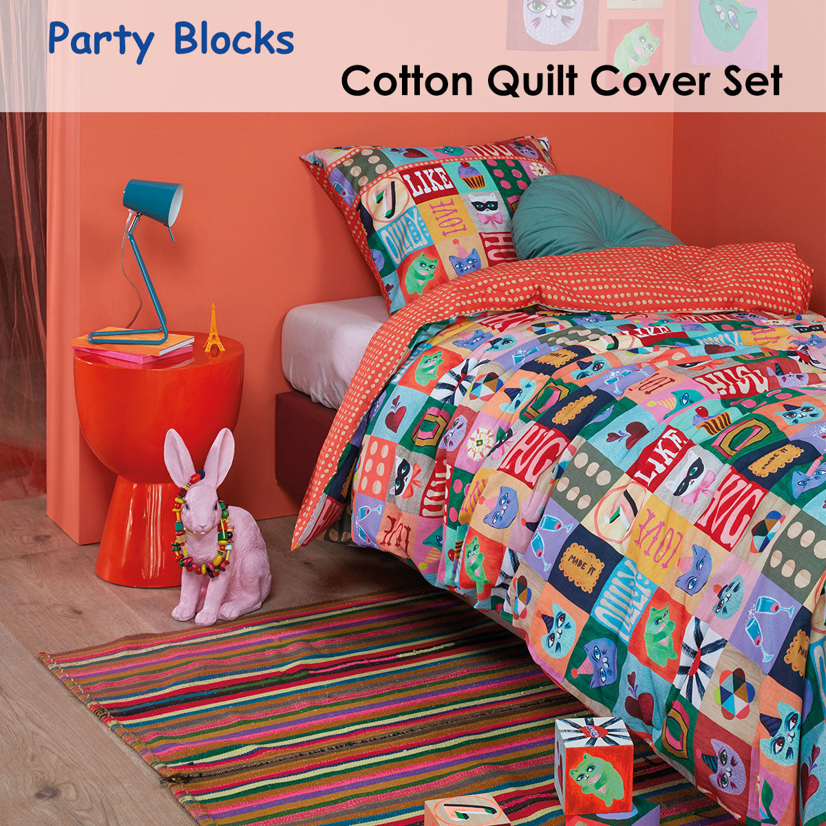 Party Blocks Cotton Quilt Cover Set Single Bed