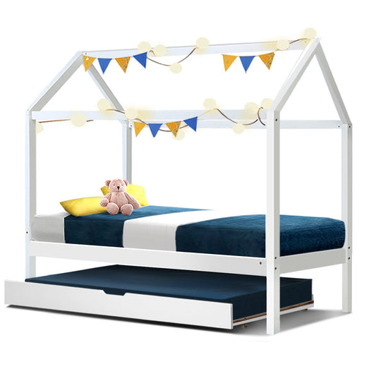 Wooden White Trundle Daybed Kids House-Shaped Bed Frame