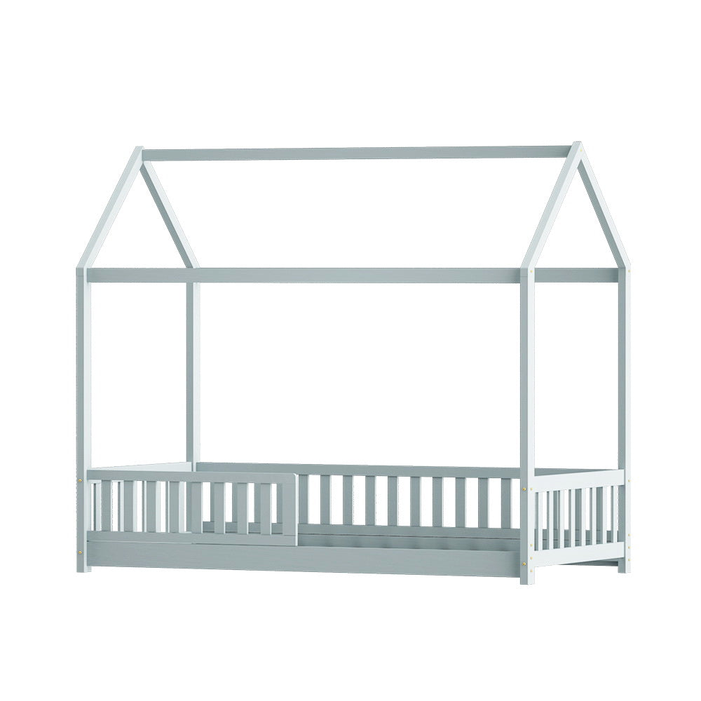 Wooden Kids House-Shaped Bed Frame In Grey